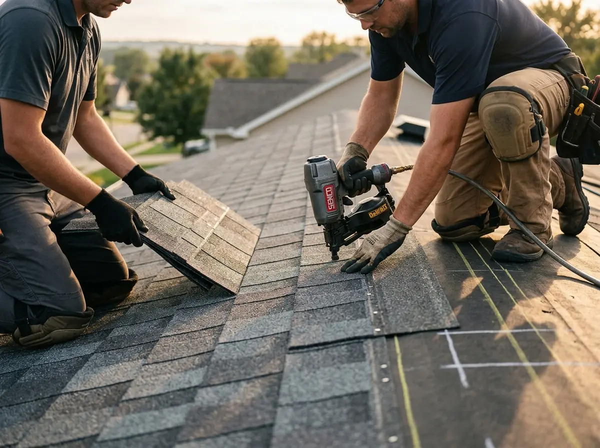 Professional roofer working on a residential roof in South Fayette